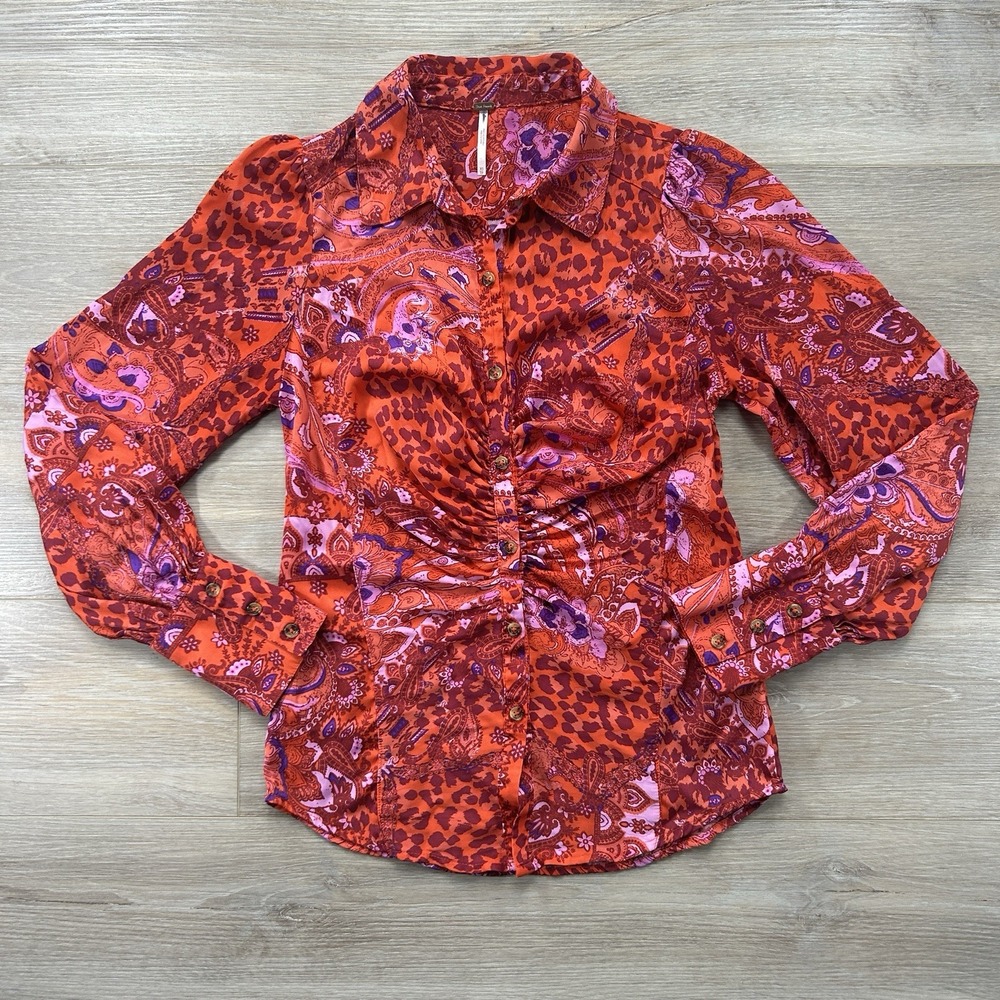 Free People XS Bianca Printed Blouse Ruched Button Up Leopard Paisley